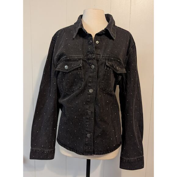 Express Women's Black Denim Jacket W/ Rhinestones Snap Front XXL Whimsigoth - Picture 4 of 11